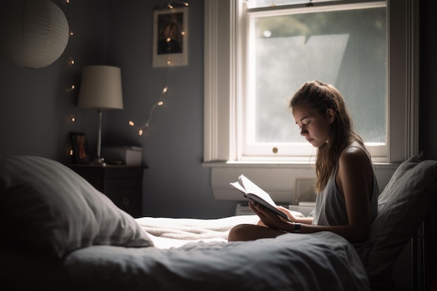 Adolescente caucasiana feminina lendo livros no quarto casual relaxante pastel Generative AI AIG23