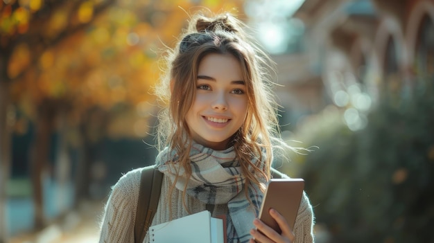 Adolescente caucasiana sorrindo com o telefone no passeio do campus