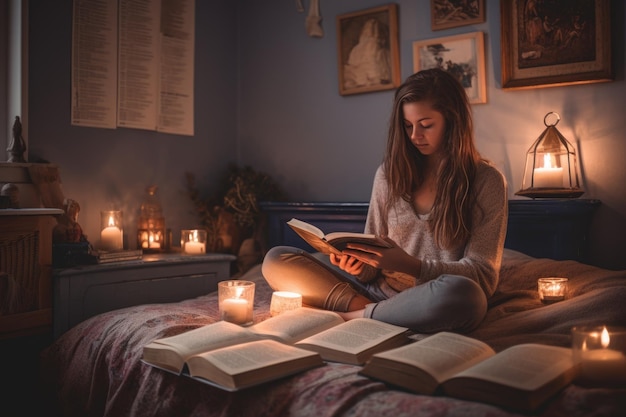 Adolescente caucásica femenina leyendo libros en la sala de estar relajante informal AI generativo AIG23