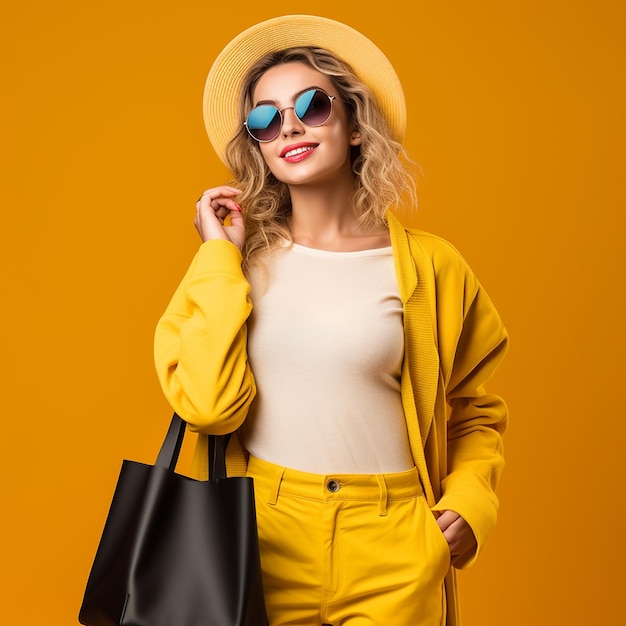 Adolescente caucásica sobre fondo amarillo elegante mujer joven con bolsas de compras en las manos