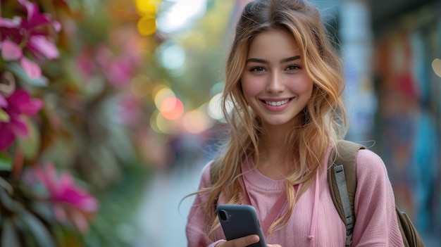 Adolescente caucásica sonriendo con el teléfono en el paseo del campus