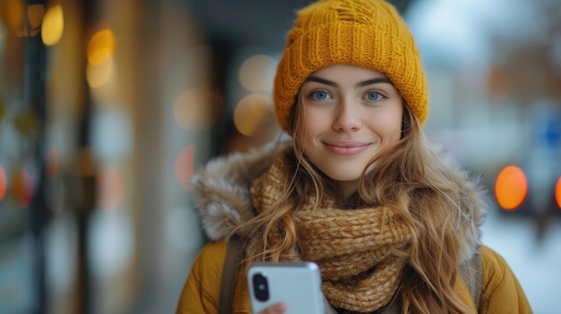 Adolescente caucásica sonriendo con el teléfono en el paseo del campus