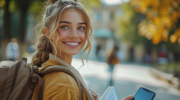 Adolescente caucásica sonriendo con el teléfono en el paseo del campus