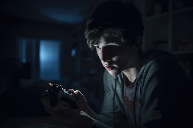 Adolescente caucásico masculino jugando videojuegos en el sótano oscuro AI generativo AIG23