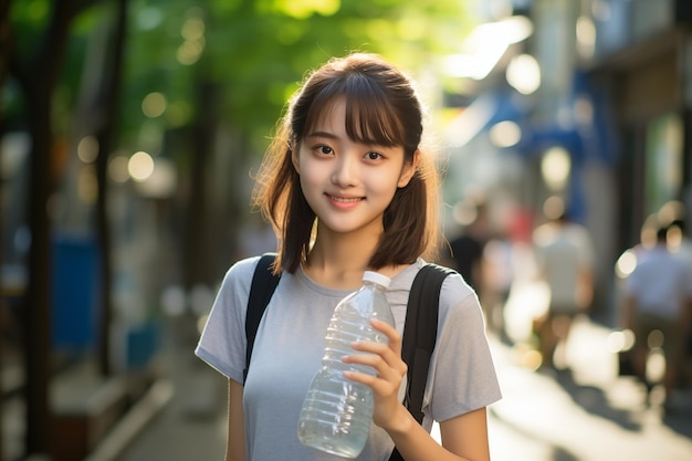 Adolescente chica japonesa bonita al aire libre con una botella de agua