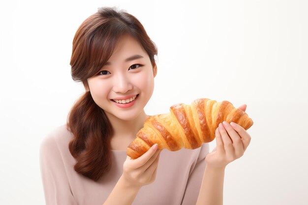 Adolescente chica japonesa bonita sobre fondo blanco aislado con croissant