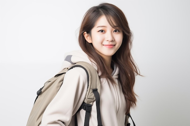 Adolescente chica japonesa bonita sobre fondo blanco aislado con una mochila de estudiante