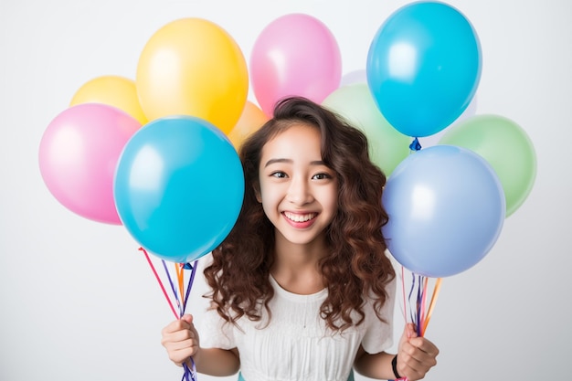 Adolescente chica japonesa bonita sobre un fondo blanco aislado sosteniendo globos