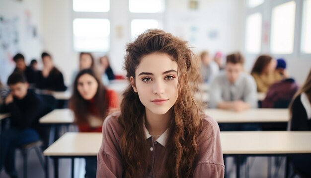 Adolescente Close up rosto de menina de escola olhando para a câmera enquanto estuda no computador Retrato