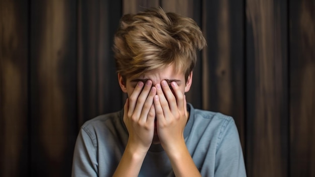 Adolescente cobrindo o rosto com as mãos de medo, desespero ou recusa de ver.