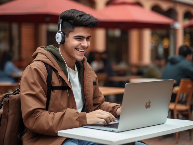 Adolescente colombiano trabajando en una computadora portátil en un entorno urbano vibrante