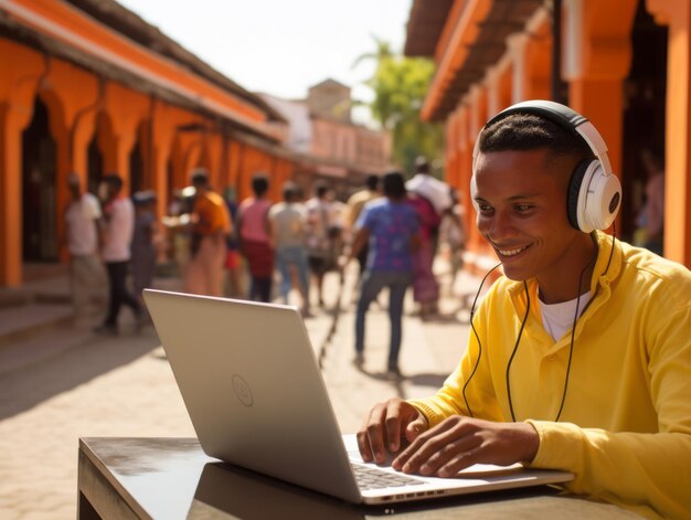 Adolescente colombiano trabajando en una computadora portátil en un entorno urbano vibrante