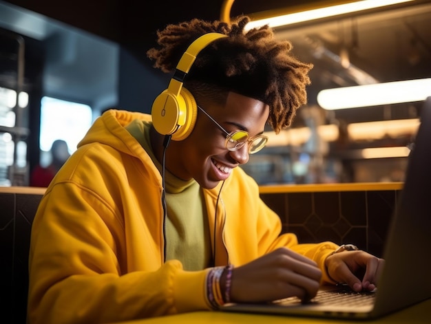 Adolescente colombiano trabalhando em um laptop em um ambiente urbano vibrante