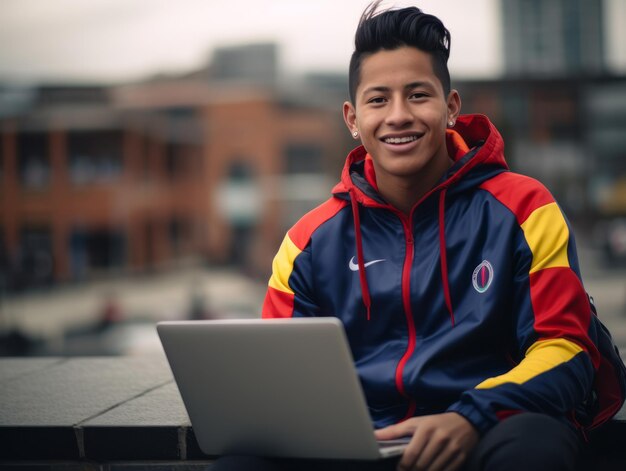 Adolescente colombiano trabalhando em um laptop em um ambiente urbano vibrante