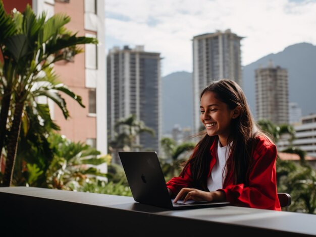 Adolescente colombiano trabalhando em um laptop em um ambiente urbano vibrante