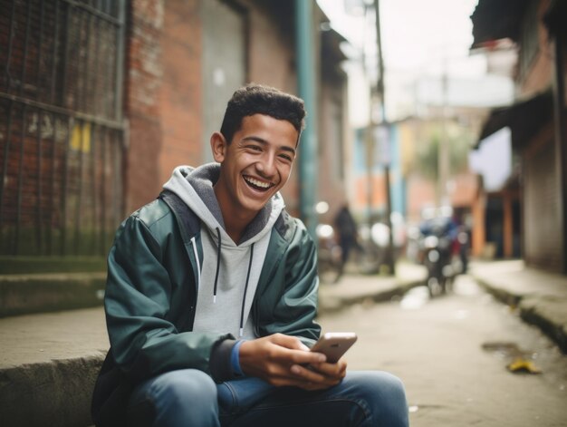 Adolescente colombiano usando un teléfono inteligente para jugar juegos