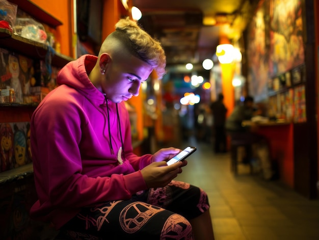 Adolescente colombiano usando um smartphone para jogar jogos