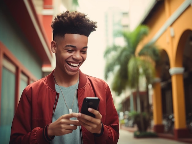 Adolescente colombiano usando um smartphone para jogar jogos