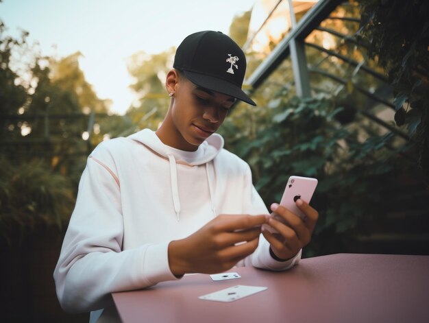 Adolescente colombiano usando um smartphone para jogar jogos