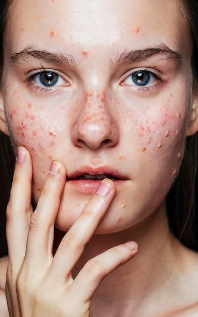 Foto adolescente com acne com espinhas no rosto, pele problemática em close-up.