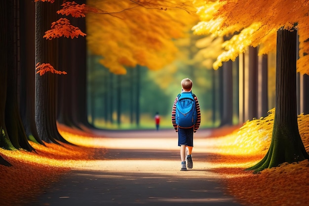 Adolescente com mochila caminhando por um caminho no parque de outono Estilo de vida ativo De volta à escola
