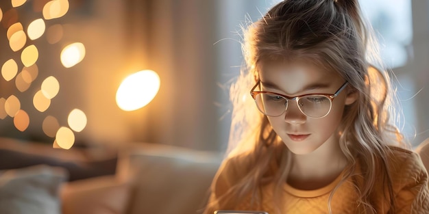 Foto adolescente com óculos olhando para o smartphone com preocupação com o uso do telefone de crianças 39 concept adolescentes adicção ao telefone conselhos para pais uso de tecnologia preocupações com crianças