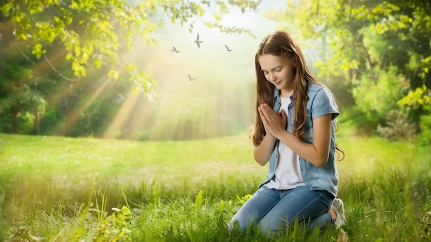 Adolescente com oração na natureza ensolarada