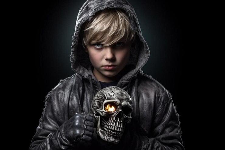Foto adolescente com um zumbi de halloween segurando um crânio