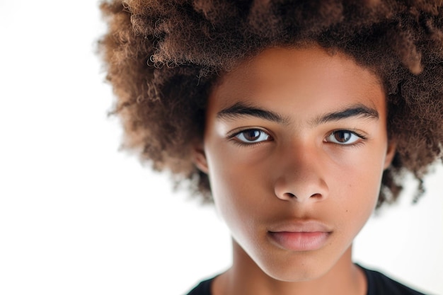 Adolescente confiante com retrato afro em close-up em fundo branco