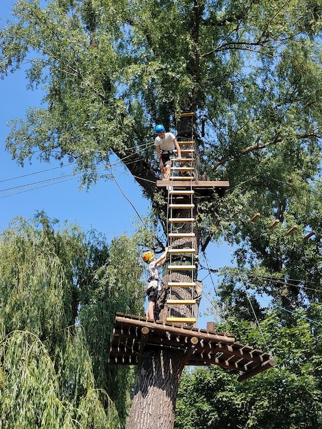 Un adolescente cruza un puente colgante en un parque de cuerdas. Foto desde abajo