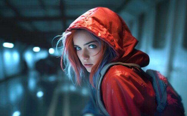Adolescente de casaco vermelho olhando alerta em passagem subterrânea urbana mal iluminada
