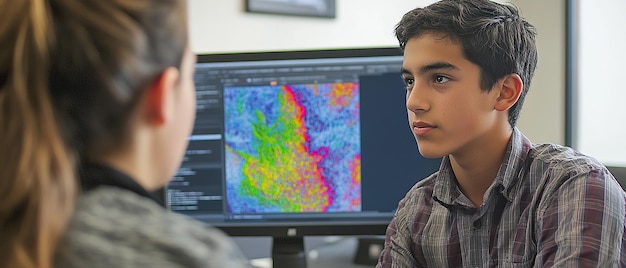 Adolescente demostrando un proyecto de programa de computadora