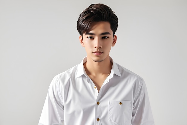 Adolescente do sexo masculino vestindo uma camiseta de lona branca modelo da Bella