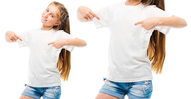 Adolescente em camisa branca de manga curta fechada isolada em fundo branco para seu projeto