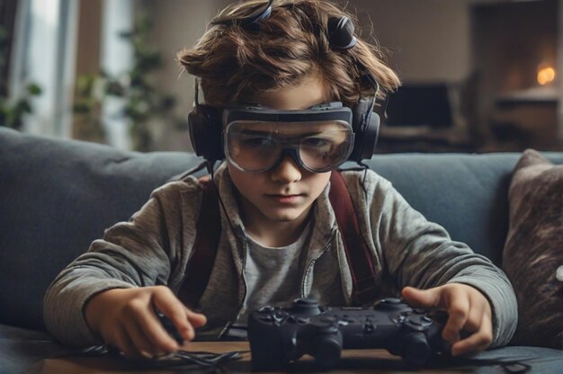 Foto adolescente em casa jogando jogo virtual online no metaverso usar googles usar joystick controle remoto
