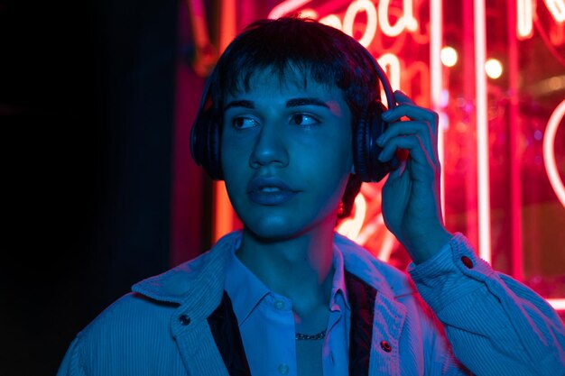 Adolescente em fones de ouvido com fundo neon