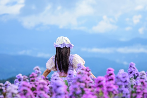 Foto adolescente em um jardim de flores, jovem asiática feliz no campo de flores margaret aster em garde