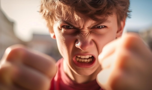 Adolescente enojado listo para pelear a puñetazos combate cuerpo a cuerpo luchador callejero primer plano de puño masculino