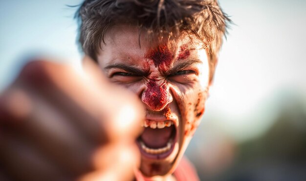 Adolescente enojado listo para pelear a puñetazos combate cuerpo a cuerpo luchador callejero primer plano de puño masculino