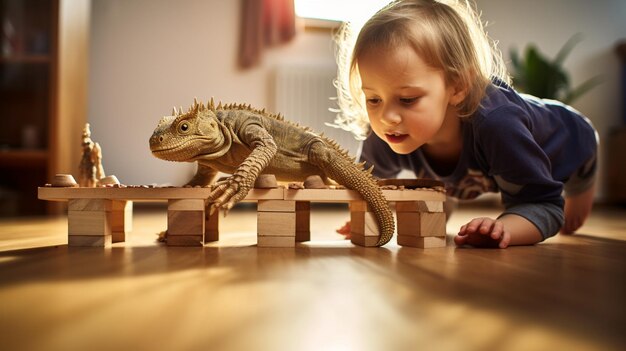 Foto un adolescente enseña a su lagarto mascota a arrastrarse por el papel tapiz