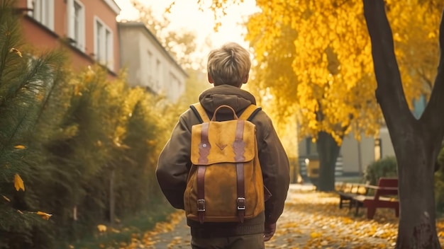 Un adolescente es un escolar con una mochila que va a la escuela día de otoño De vuelta a la escuela Comienzo del año escolar IA generativa