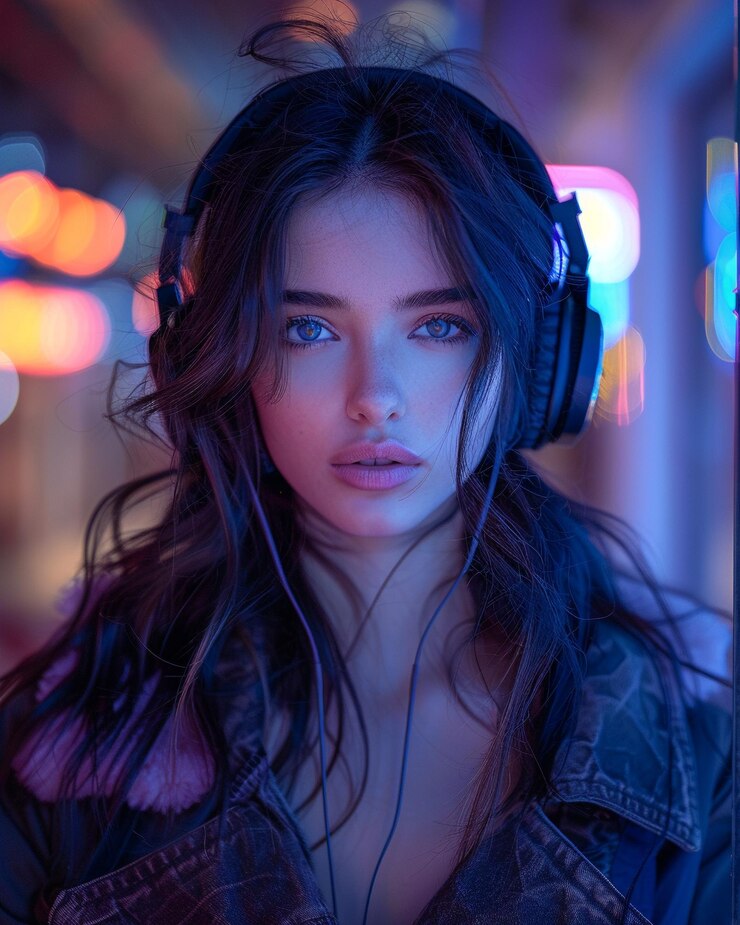 Adolescente escuchando música con auriculares elegantes