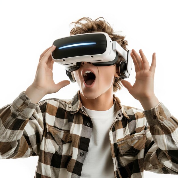 Foto adolescente espantado usando fone de ouvido de realidade virtual