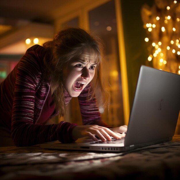 Foto adolescente estresada siendo acosada en línea mientras juega en casa
