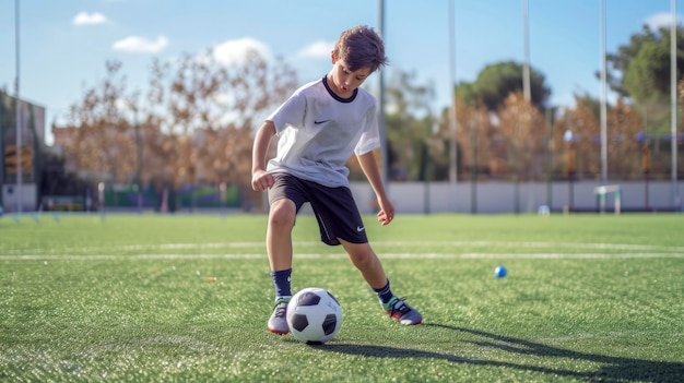 Foto un adolescente europeo con una expresión decidida y una pelota de fútbol está practicando sus tiros en un campo de madrid, españa