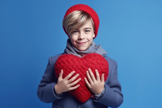 Adolescente europeo rubio vestido con traje de moda posando sobre fondo azul Concepto de día de San Valentín