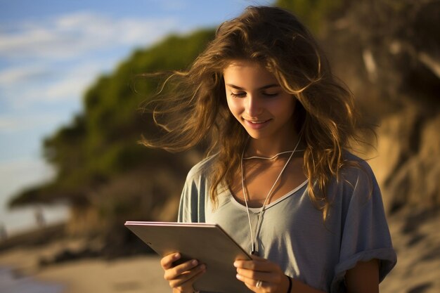 Una adolescente de exploración costera interactúa con una tableta digital con IA generativa