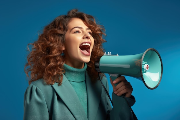 Adolescente fazendo um anúncio com megafone em fundo azul