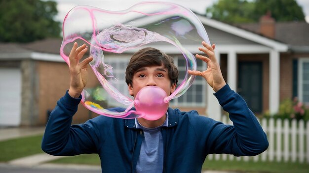 Foto adolescente fazendo uma bolha com chiclete