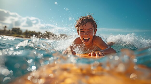 Foto un adolescente feliz cae en el océano mientras usa una tabla de remo recreación deportiva y diversión de verano